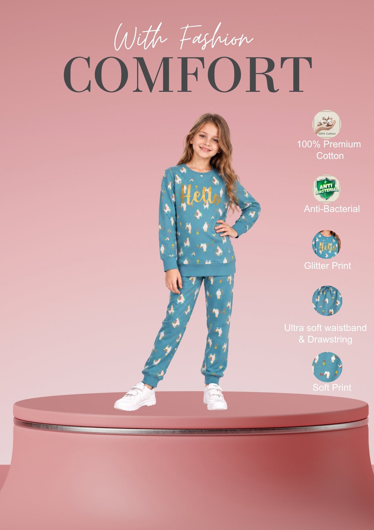 Soft Cotton Pyjama Set for Girls ( 1 Set) |  Anti-Bacterial Chemical Free Nightwear | Ages 2-16Y