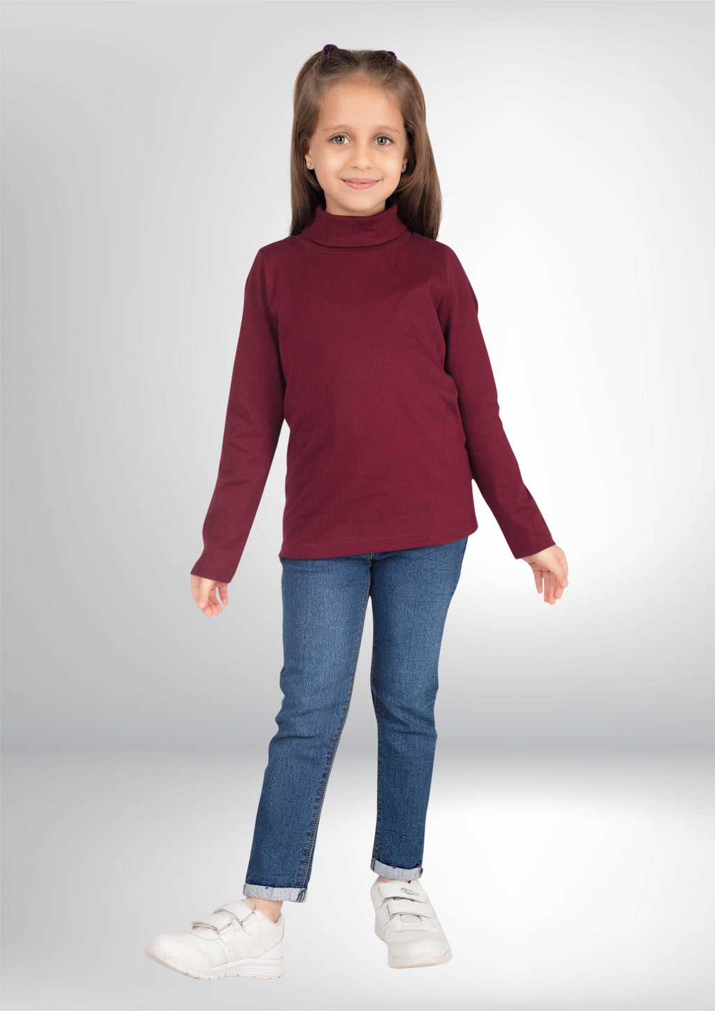 Turtle Neck Winter T-Shirt for Girls – Cotton Full Sleeve-2 Pcs, Burgundy & Navy