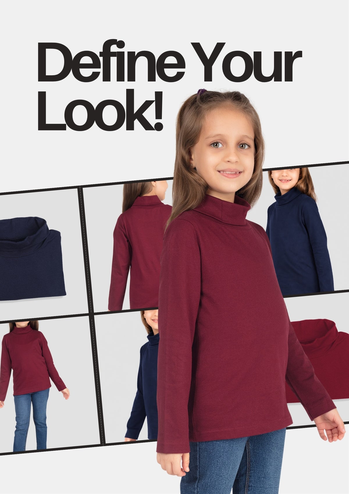 Turtle Neck Winter T-Shirt for Girls – Cotton Full Sleeve-2 Pcs, Burgundy & Navy