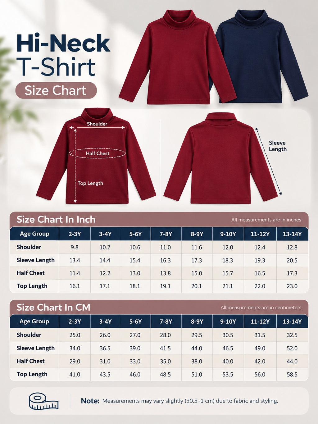 Turtle Neck Winter T-Shirt for Girls – Cotton Full Sleeve-2 Pcs, Burgundy & Navy