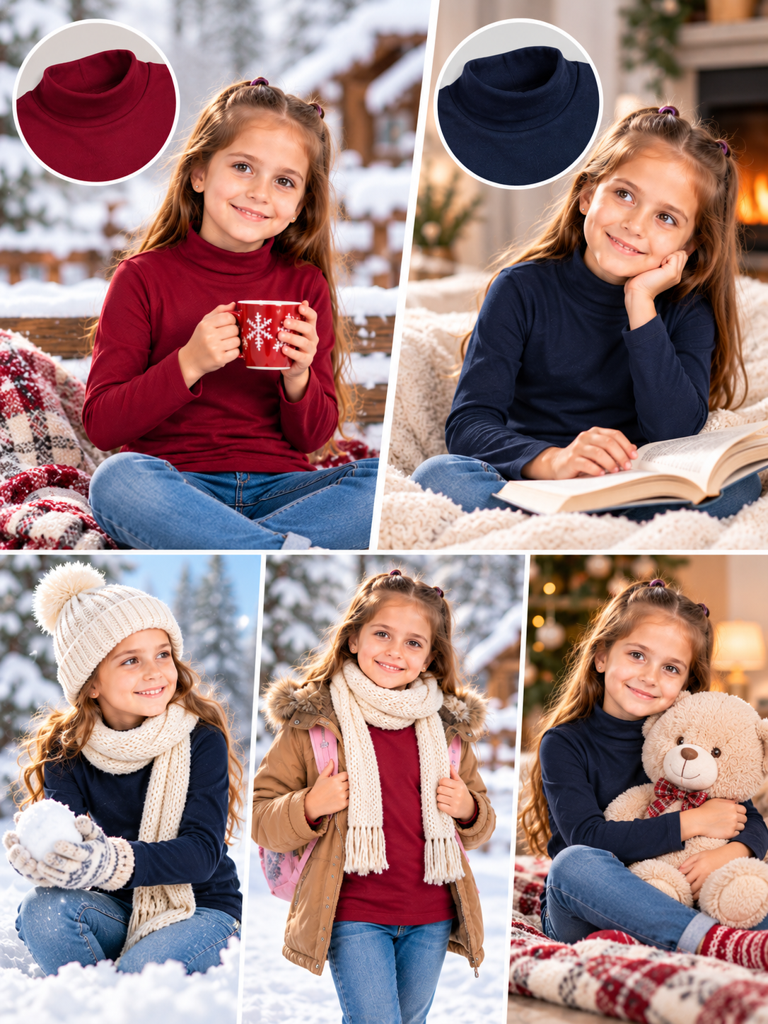 Turtle Neck Winter T-Shirt for Girls – Cotton Full Sleeve-2 Pcs, Burgundy & Navy