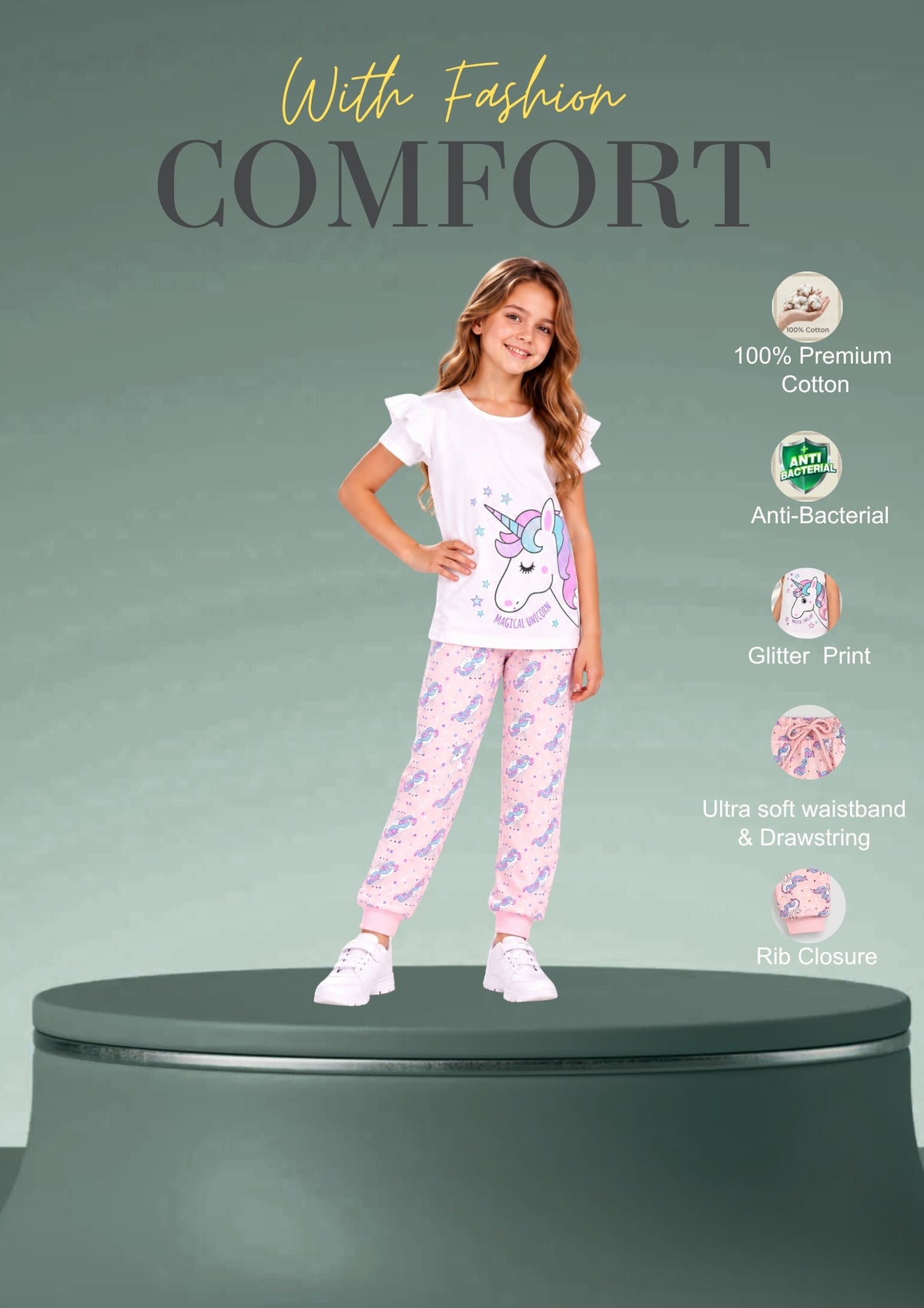 Soft Cotton Pyjama Set for Girls ( 1 Set) |  Anti-Bacterial Chemical Free Nightwear | Ages 2-16Y