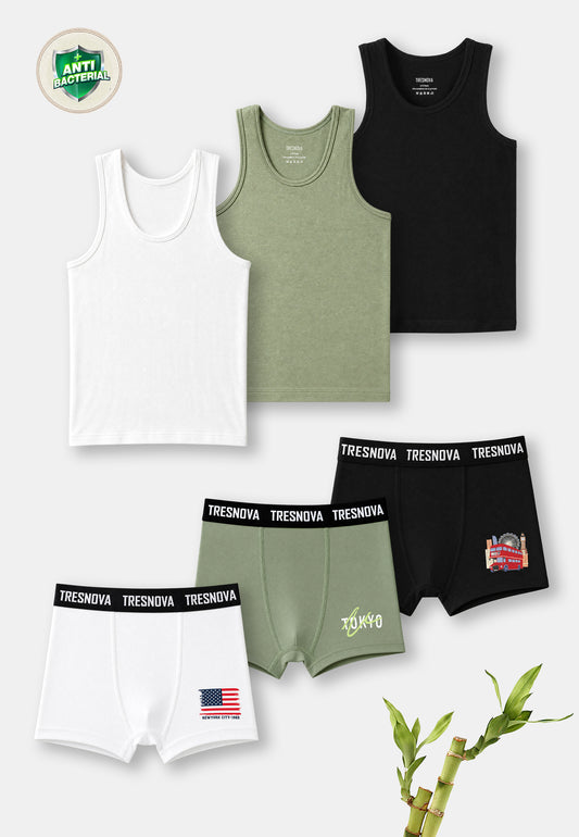 Boys Boxer Briefs & Vest Combo – Pack of 6, Black/Green/White (Bamboo)