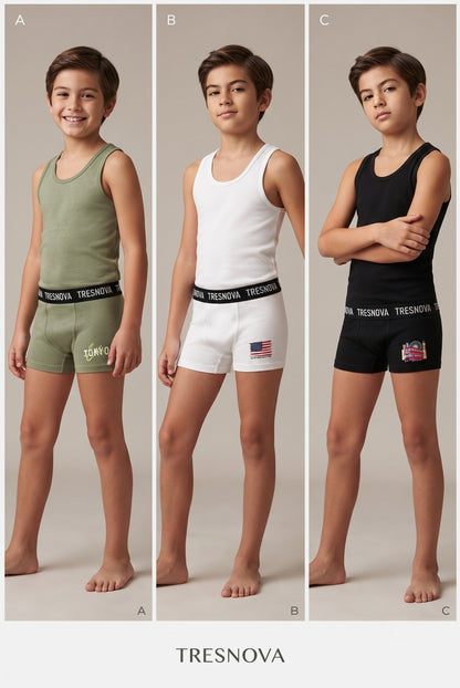 Boys Boxer Briefs & Vest Combo – Pack of 6, Black/Green/White (Bamboo)