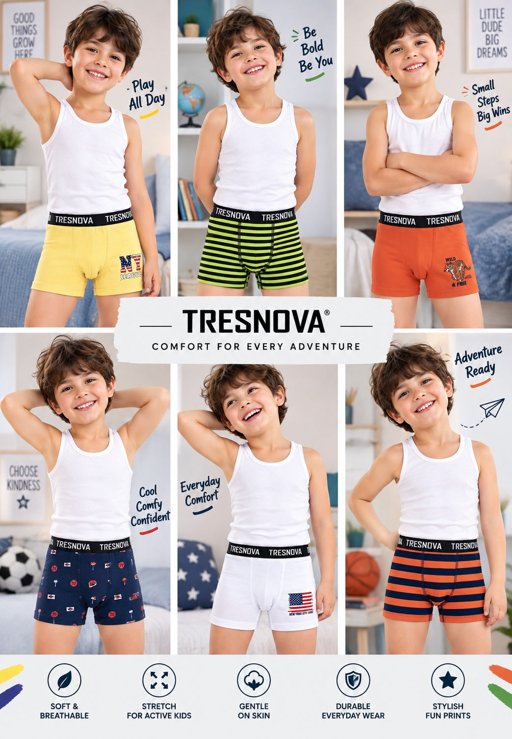 Nautical Print Boys Boxer Briefs – Pack of 6 (Cotton Lycra)