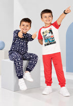 Anime Print Boys Tee & Jogger Co-ord Set – Pure Cotton, Set of 2 Navy & White