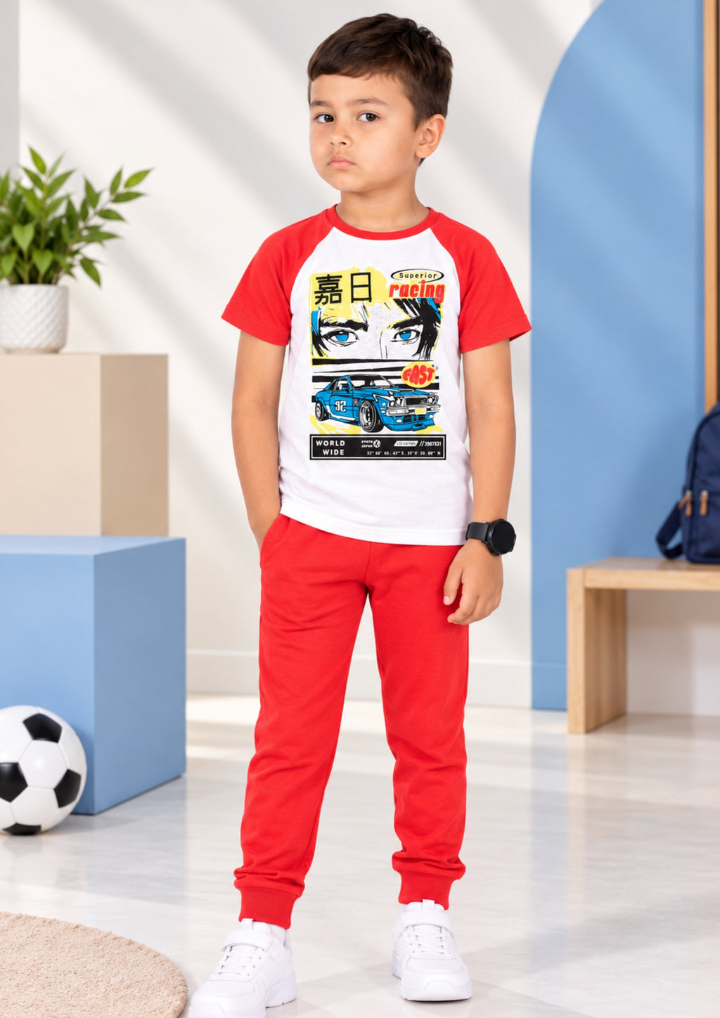 Anime Print Boys Tee & Jogger Co-ord Set – Pure Cotton, Set of 2 Navy & White