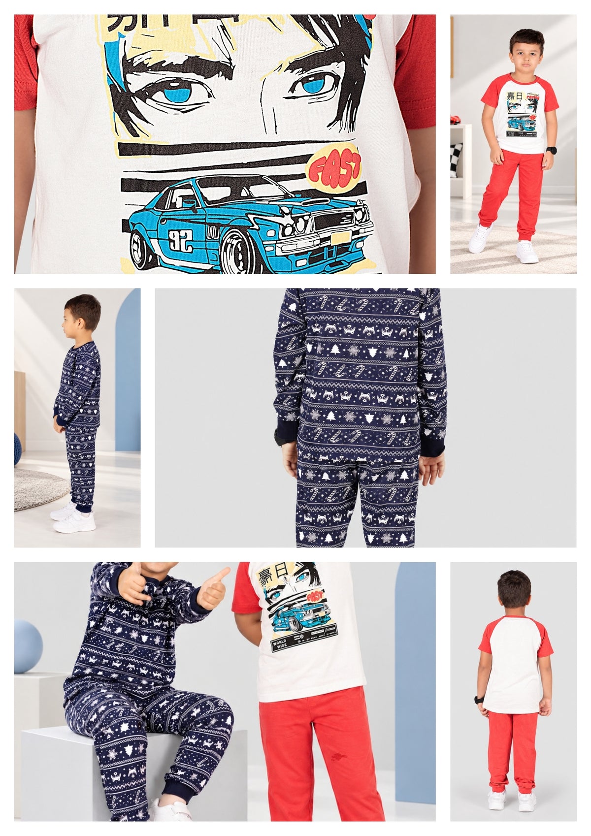 Anime Print Boys Tee & Jogger Co-ord Set – Pure Cotton, Set of 2 Navy & White