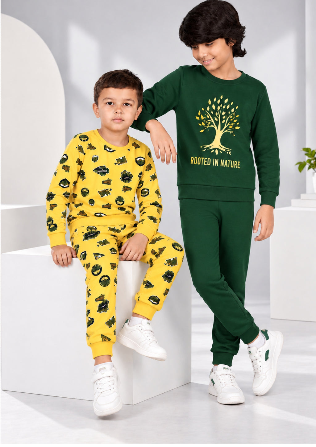 Jungle & Nature Print Boys Tee & Jogger Co-ord Set – Pure Cotton, Set of 2 Yellow & Olive