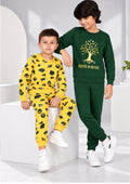 Jungle & Nature Print Boys Tee & Jogger Co-ord Set – Pure Cotton, Set of 2 Yellow & Olive