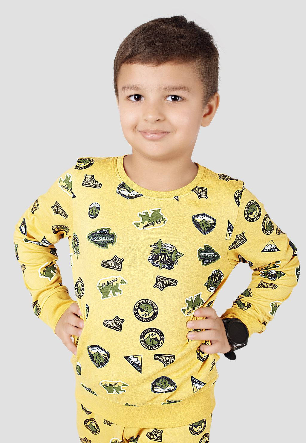 Jungle & Nature Print Boys Tee & Jogger Co-ord Set – Pure Cotton, Set of 2 Yellow & Olive