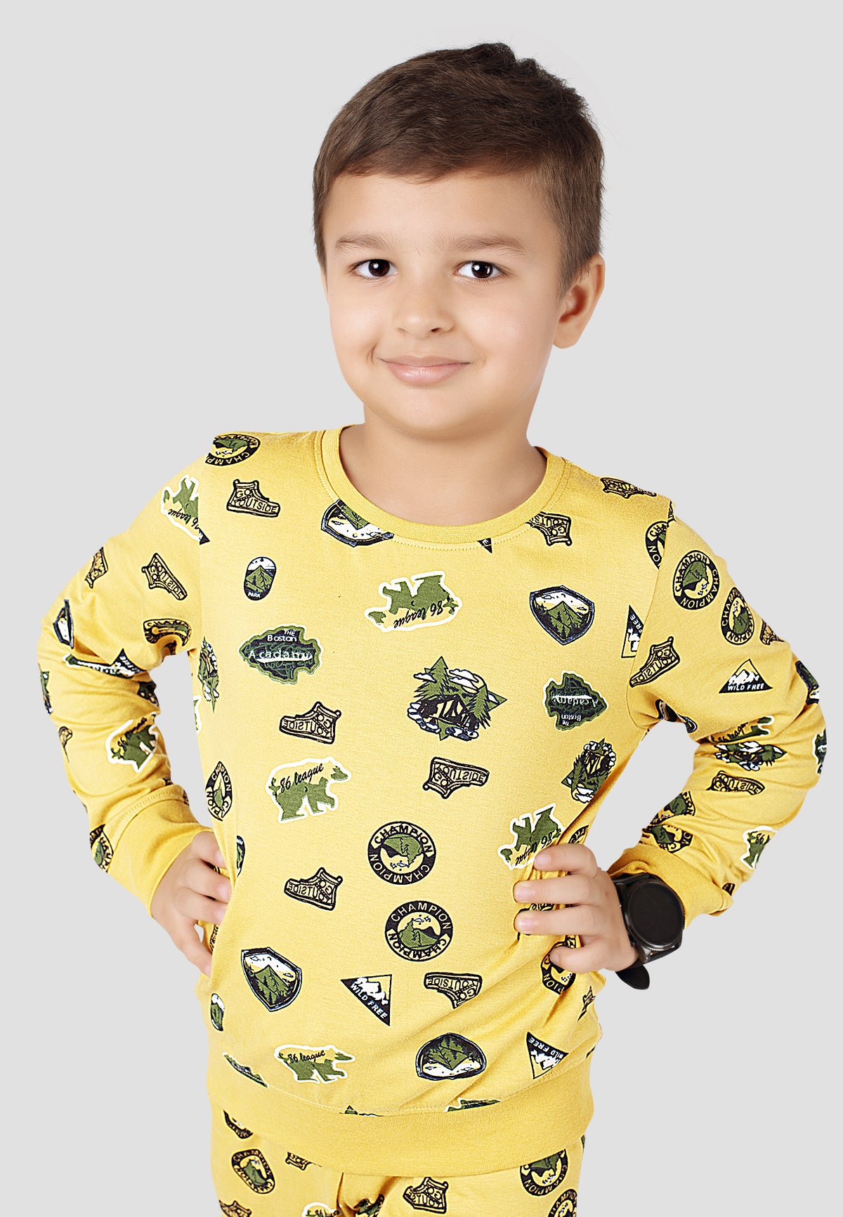 Jungle & Nature Print Boys Tee & Jogger Co-ord Set – Pure Cotton, Set of 2 Yellow & Olive