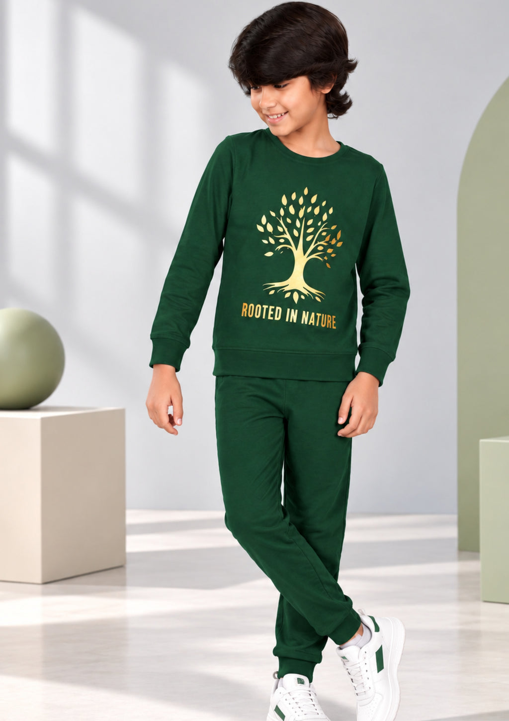 Jungle & Nature Print Boys Tee & Jogger Co-ord Set – Pure Cotton, Set of 2 Yellow & Olive