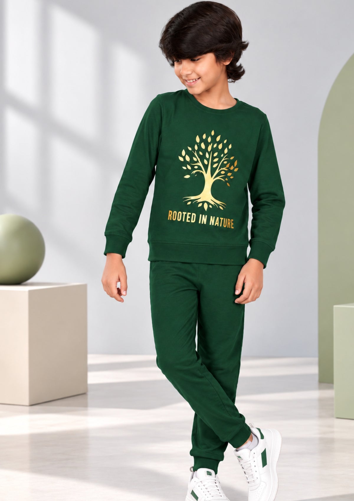Jungle & Nature Print Boys Tee & Jogger Co-ord Set – Pure Cotton, Set of 2 Yellow & Olive
