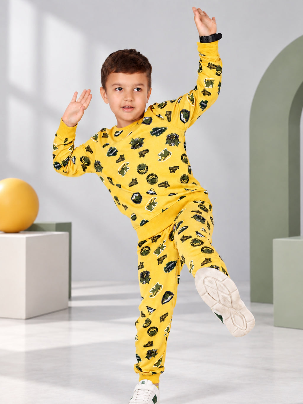 Jungle & Nature Print Boys Tee & Jogger Co-ord Set – Pure Cotton, Set of 2 Yellow & Olive