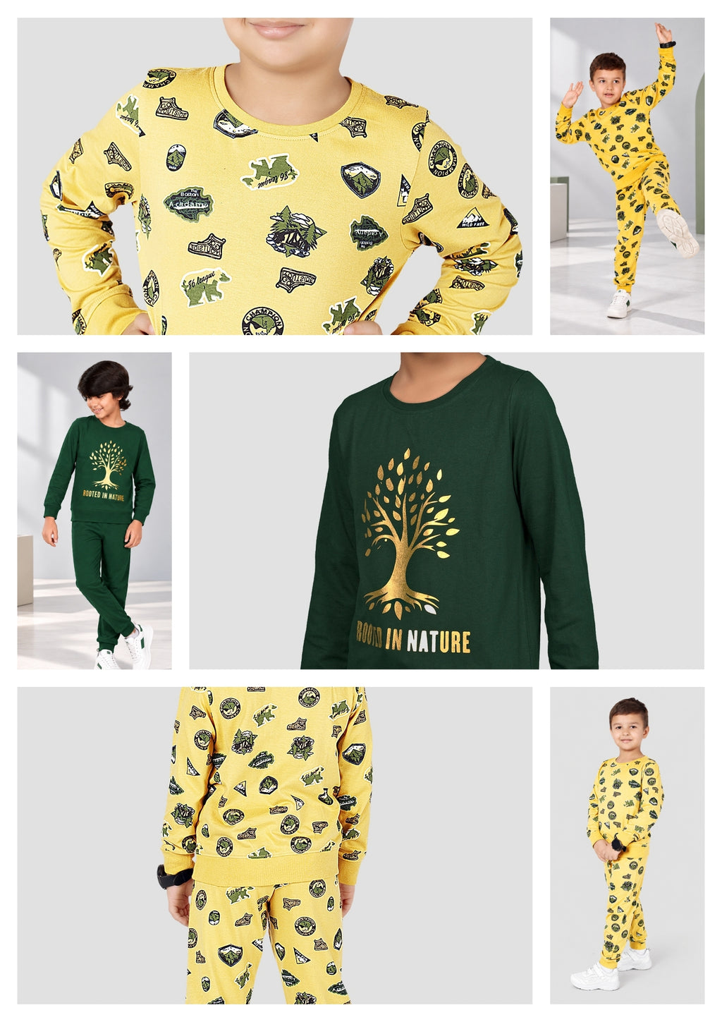Jungle & Nature Print Boys Tee & Jogger Co-ord Set – Pure Cotton, Set of 2 Yellow & Olive