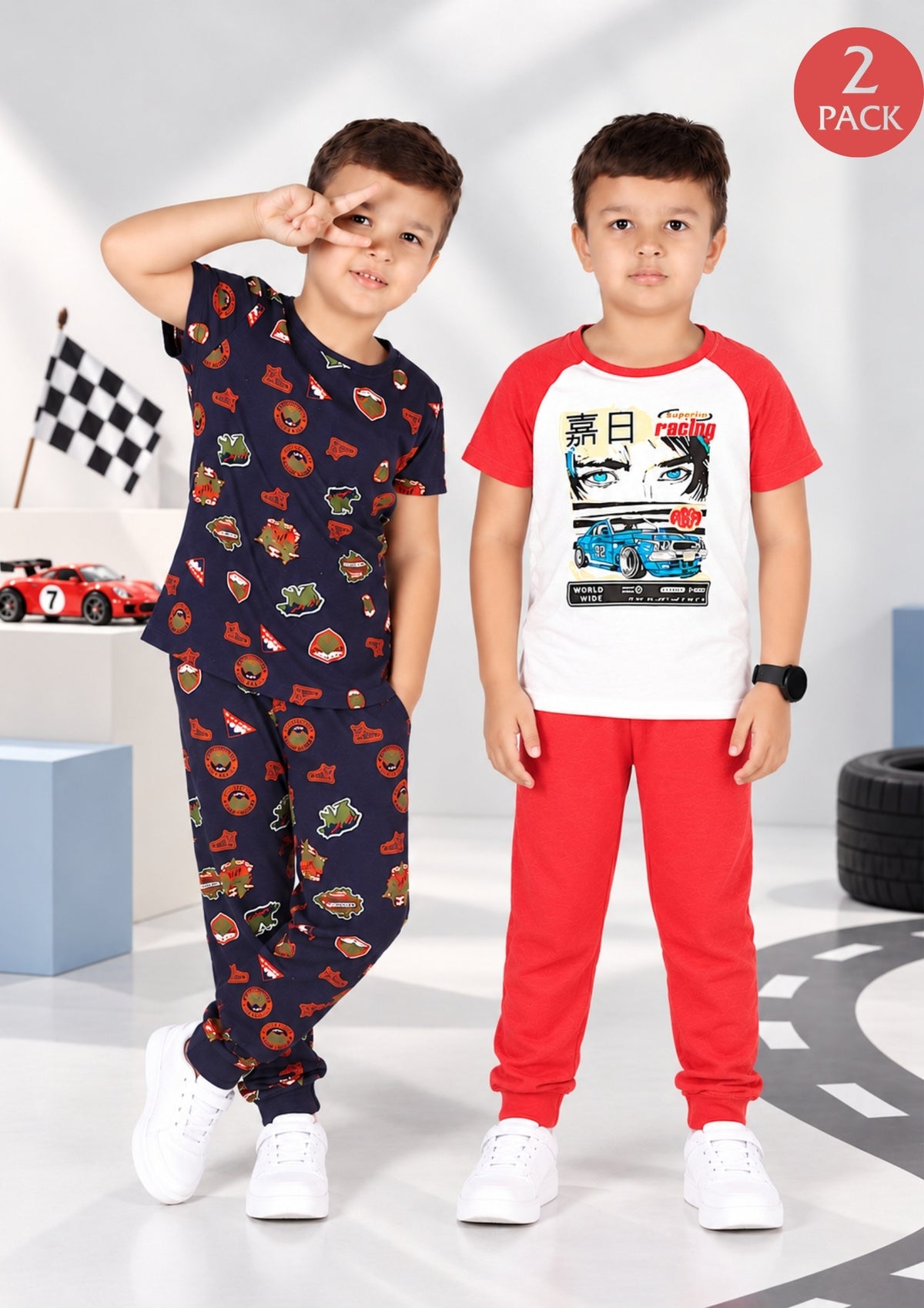 Jungle & Anime Print Boys Tee & Jogger Co-ord Set – Pure Cotton, Set of 2 Navy & White