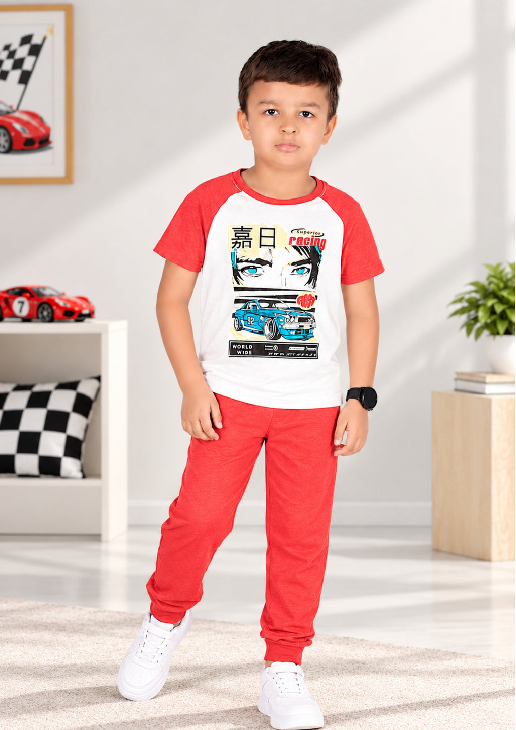 Jungle & Anime Print Boys Tee & Jogger Co-ord Set – Pure Cotton, Set of 2 Navy & White