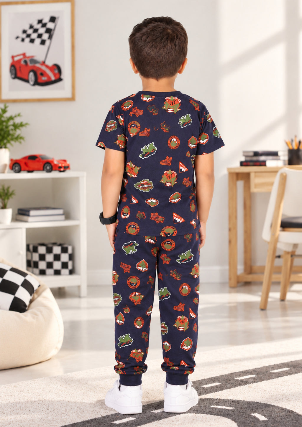 Jungle & Anime Print Boys Tee & Jogger Co-ord Set – Pure Cotton, Set of 2 Navy & White