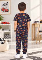 Jungle & Anime Print Boys Tee & Jogger Co-ord Set – Pure Cotton, Set of 2 Navy & White