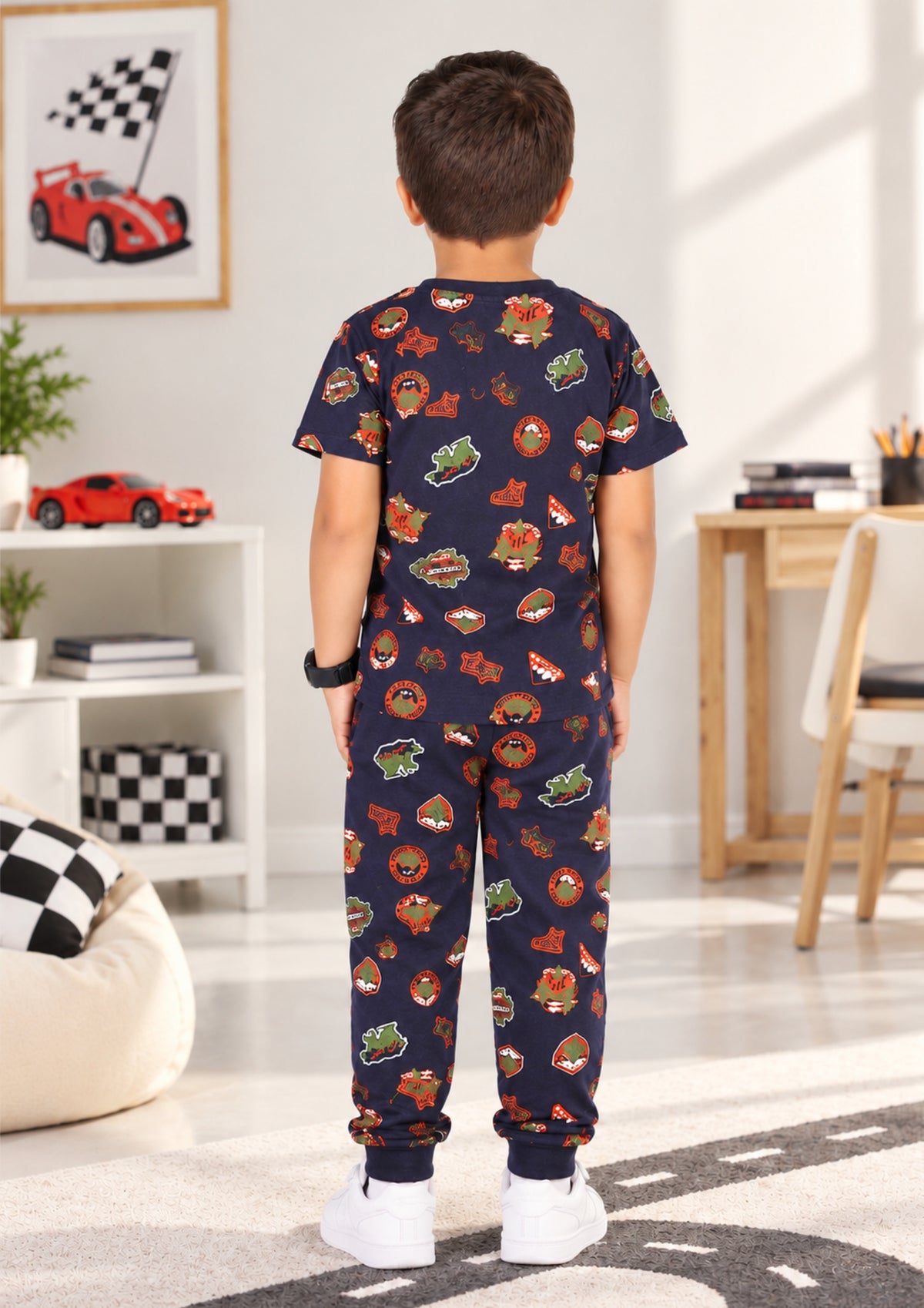 Jungle & Anime Print Boys Tee & Jogger Co-ord Set – Pure Cotton, Set of 2 Navy & White
