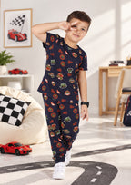 Jungle & Anime Print Boys Tee & Jogger Co-ord Set – Pure Cotton, Set of 2 Navy & White