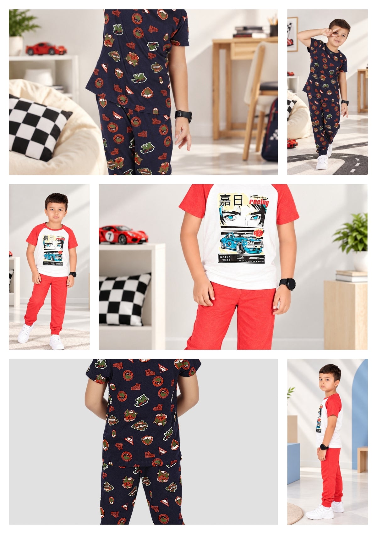 Jungle & Anime Print Boys Tee & Jogger Co-ord Set – Pure Cotton, Set of 2 Navy & White