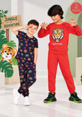 Jungle & Tiger Print Boys Tee & Jogger Co-ord Set – Pure Cotton, Set of 2 Navy & Rustorange