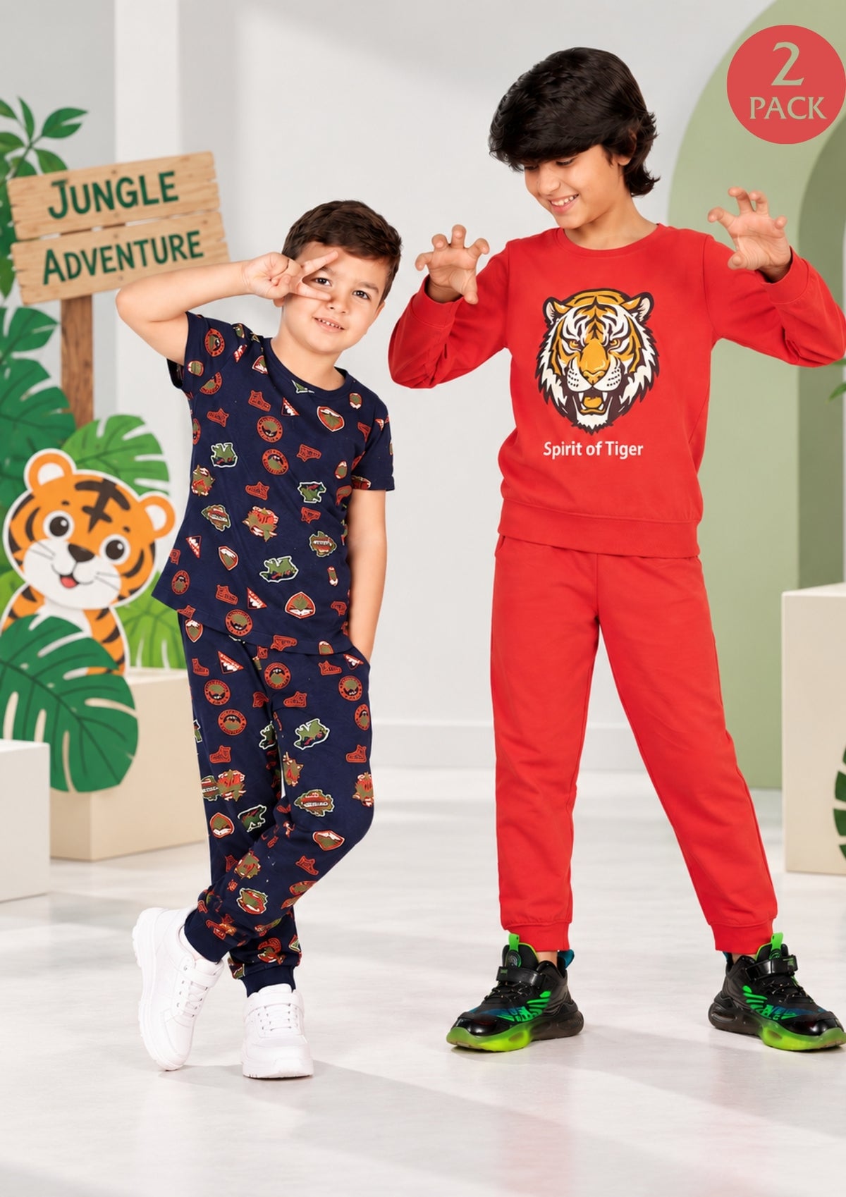 Jungle & Tiger Print Boys Tee & Jogger Co-ord Set – Pure Cotton, Set of 2 Navy & Rustorange