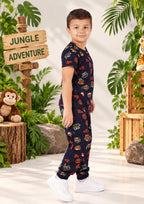 Jungle & Tiger Print Boys Tee & Jogger Co-ord Set – Pure Cotton, Set of 2 Navy & Rustorange