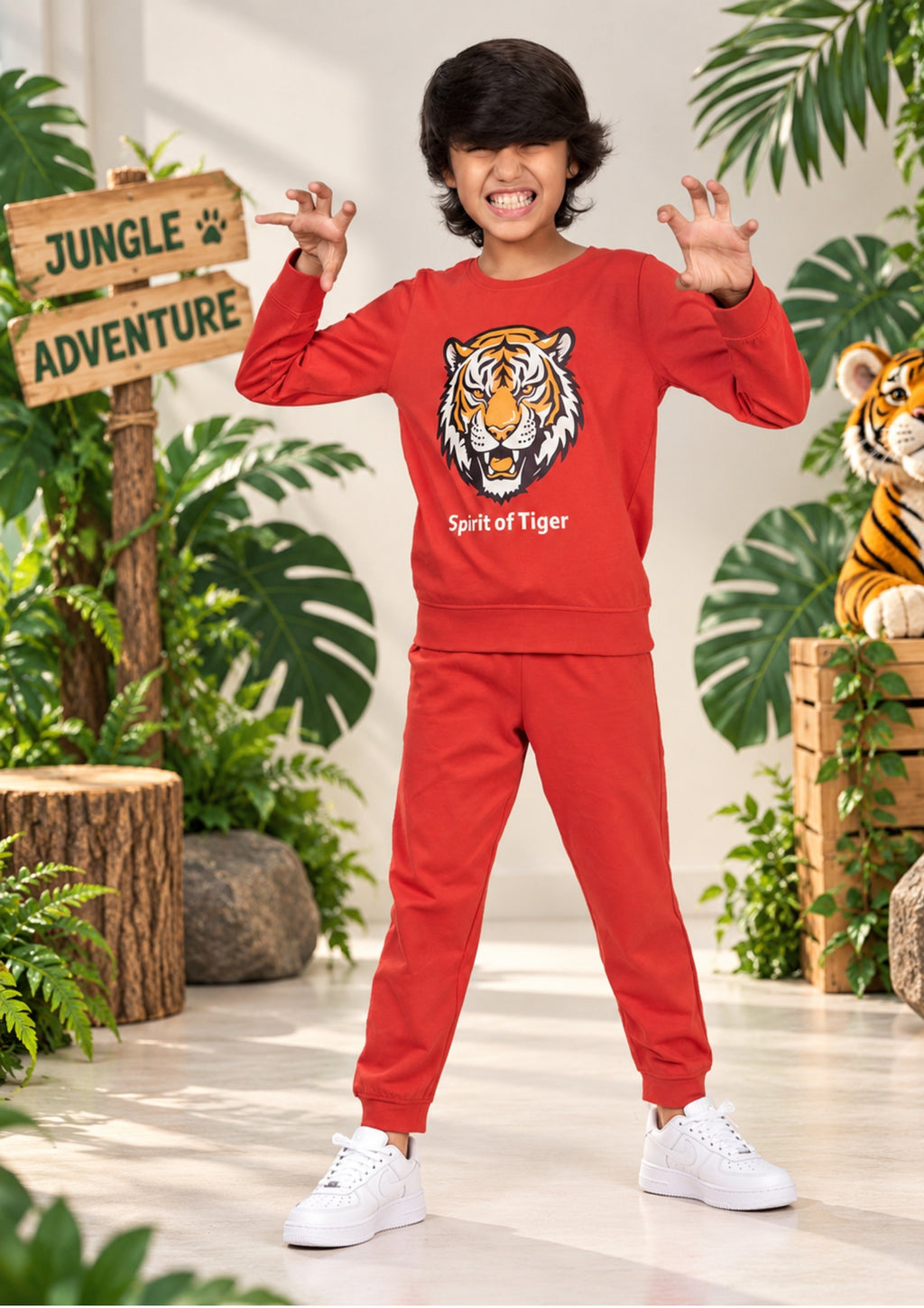 Jungle & Tiger Print Boys Tee & Jogger Co-ord Set – Pure Cotton, Set of 2 Navy & Rustorange