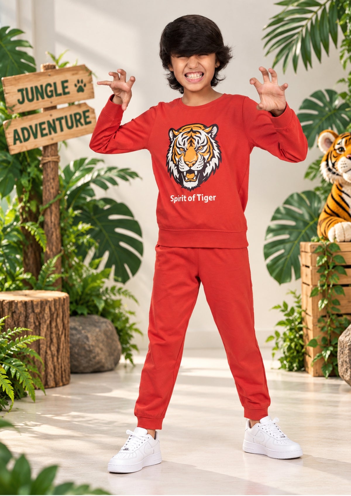 Jungle & Tiger Print Boys Tee & Jogger Co-ord Set – Pure Cotton, Set of 2 Navy & Rustorange