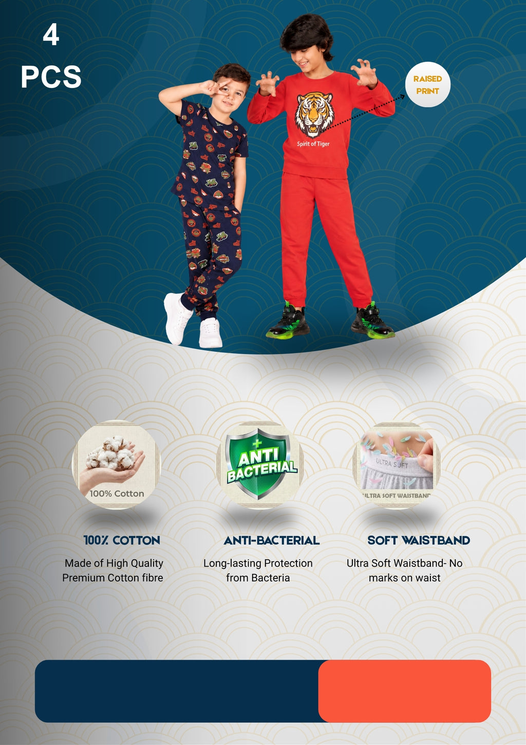 Jungle & Tiger Print Boys Tee & Jogger Co-ord Set – Pure Cotton, Set of 2 Navy & Rustorange