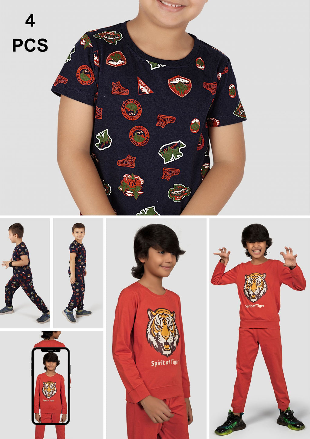 Jungle & Tiger Print Boys Tee & Jogger Co-ord Set – Pure Cotton, Set of 2 Navy & Rustorange