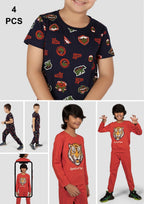 Jungle & Tiger Print Boys Tee & Jogger Co-ord Set – Pure Cotton, Set of 2 Navy & Rustorange