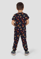 Jungle & Tiger Print Boys Tee & Jogger Co-ord Set – Pure Cotton, Set of 2 Navy & Rustorange