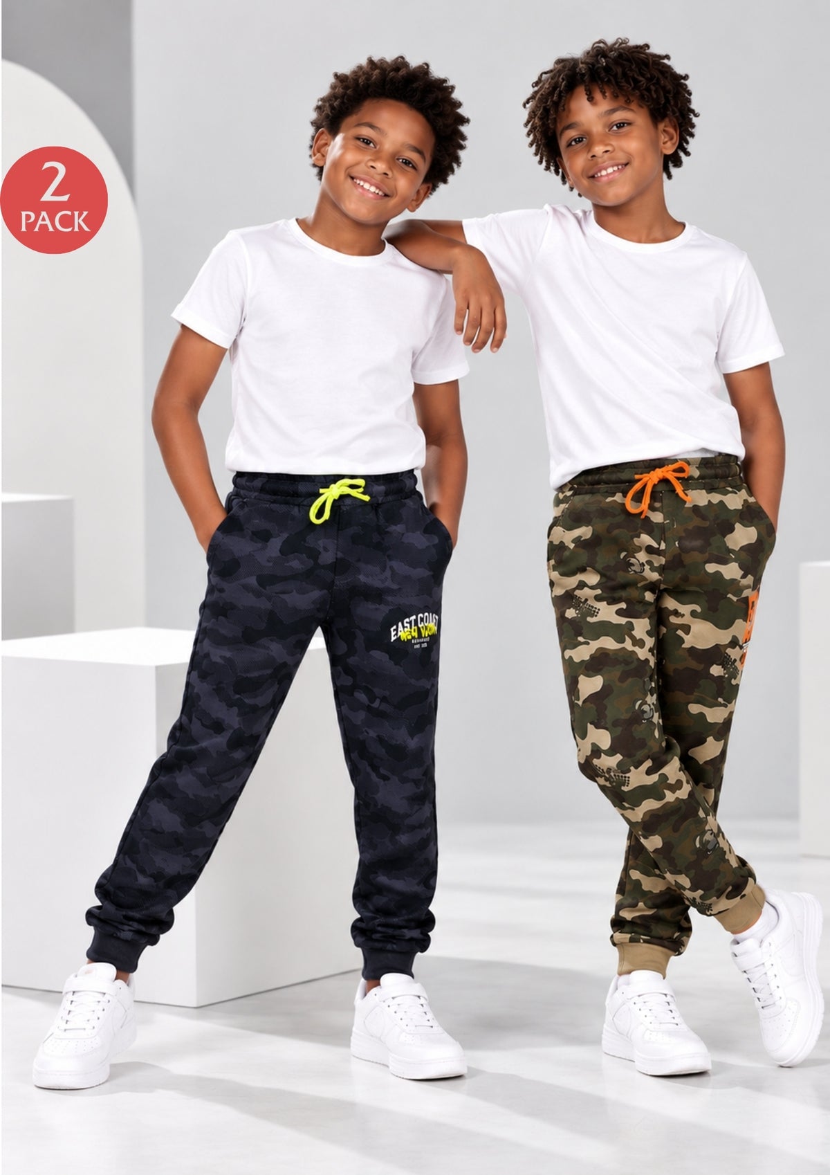 Camouflage Print Boys Joggers – Cotton Terry Lounge Pant -2 Pcs, Blue & Brown