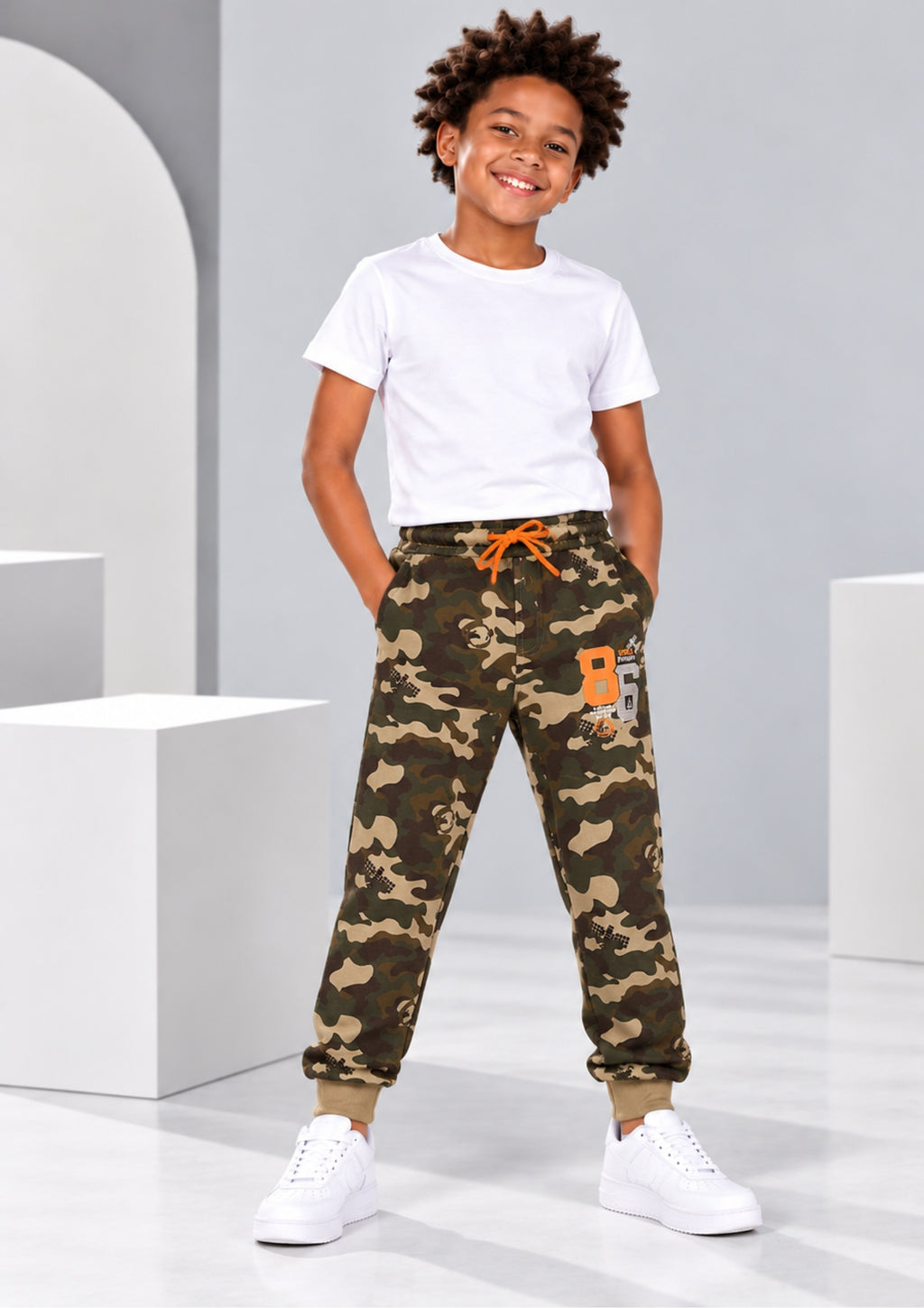 Camouflage Print Boys Joggers – Cotton Terry Lounge Pant -2 Pcs, Blue & Brown