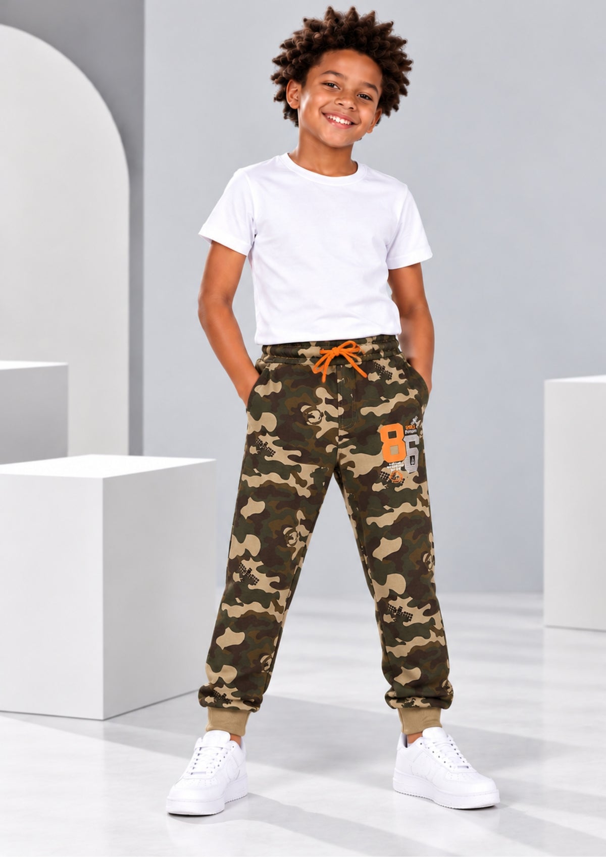 Camouflage Print Boys Joggers – Cotton Terry Lounge Pant -2 Pcs, Blue & Brown