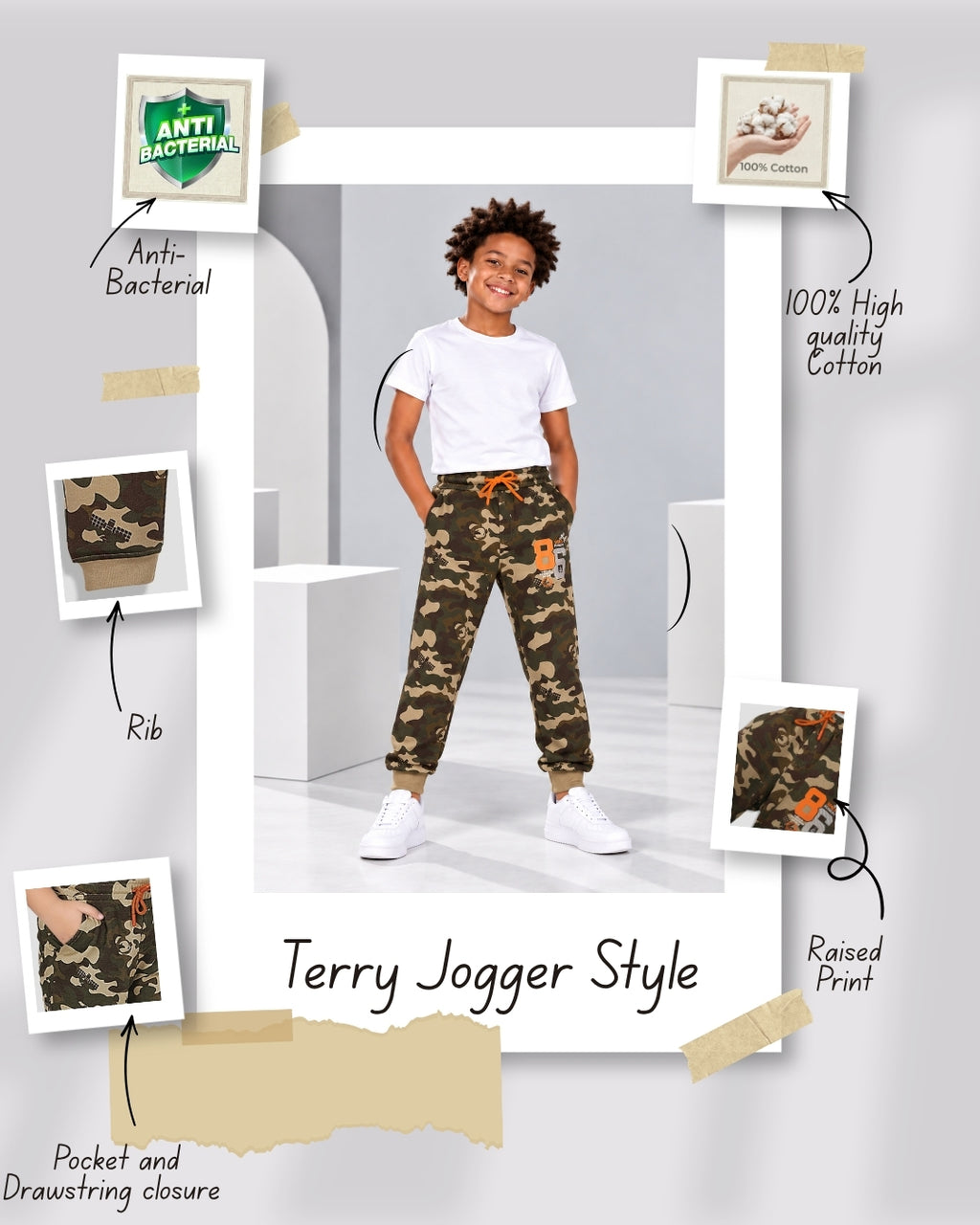 Camouflage Print Boys Joggers – Cotton Terry Lounge Pant -2 Pcs, Blue & Brown