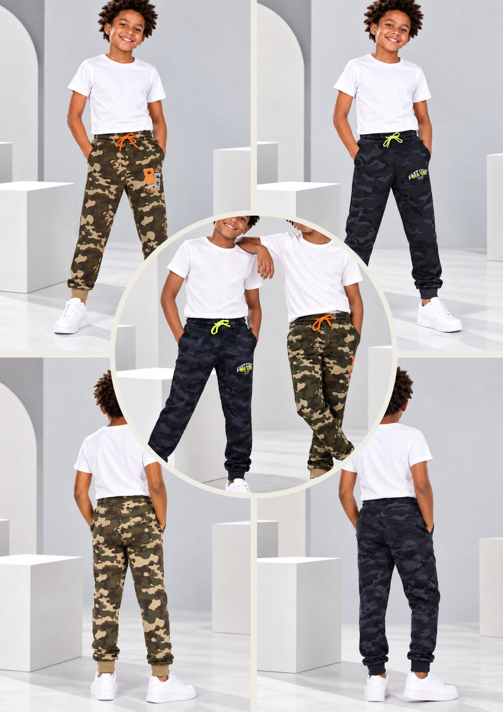 Camouflage Print Boys Joggers – Cotton Terry Lounge Pant -2 Pcs, Blue & Brown