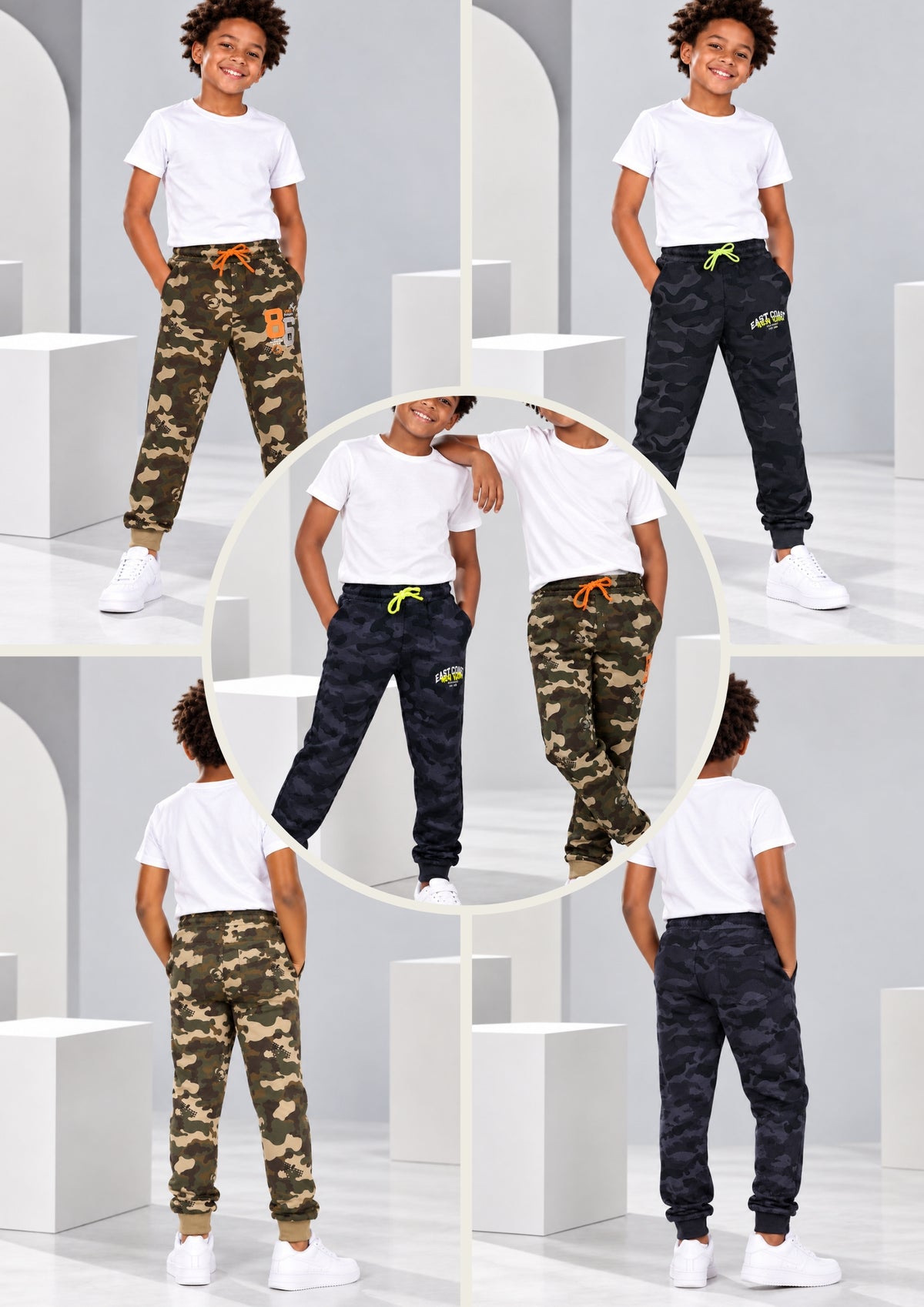 Camouflage Print Boys Joggers – Cotton Terry Lounge Pant -2 Pcs, Blue & Brown