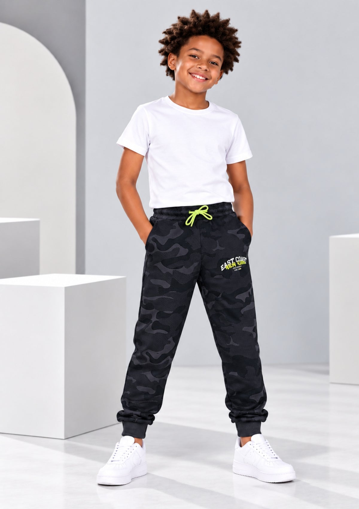 Camouflage Print Boys Joggers – Cotton Terry Lounge Pant -2 Pcs, Blue & Brown