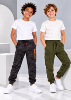 Camouflage & Cargo Boys Joggers – Cotton Terry Lounge Pant -2 Pcs, Grey & Olivegreen