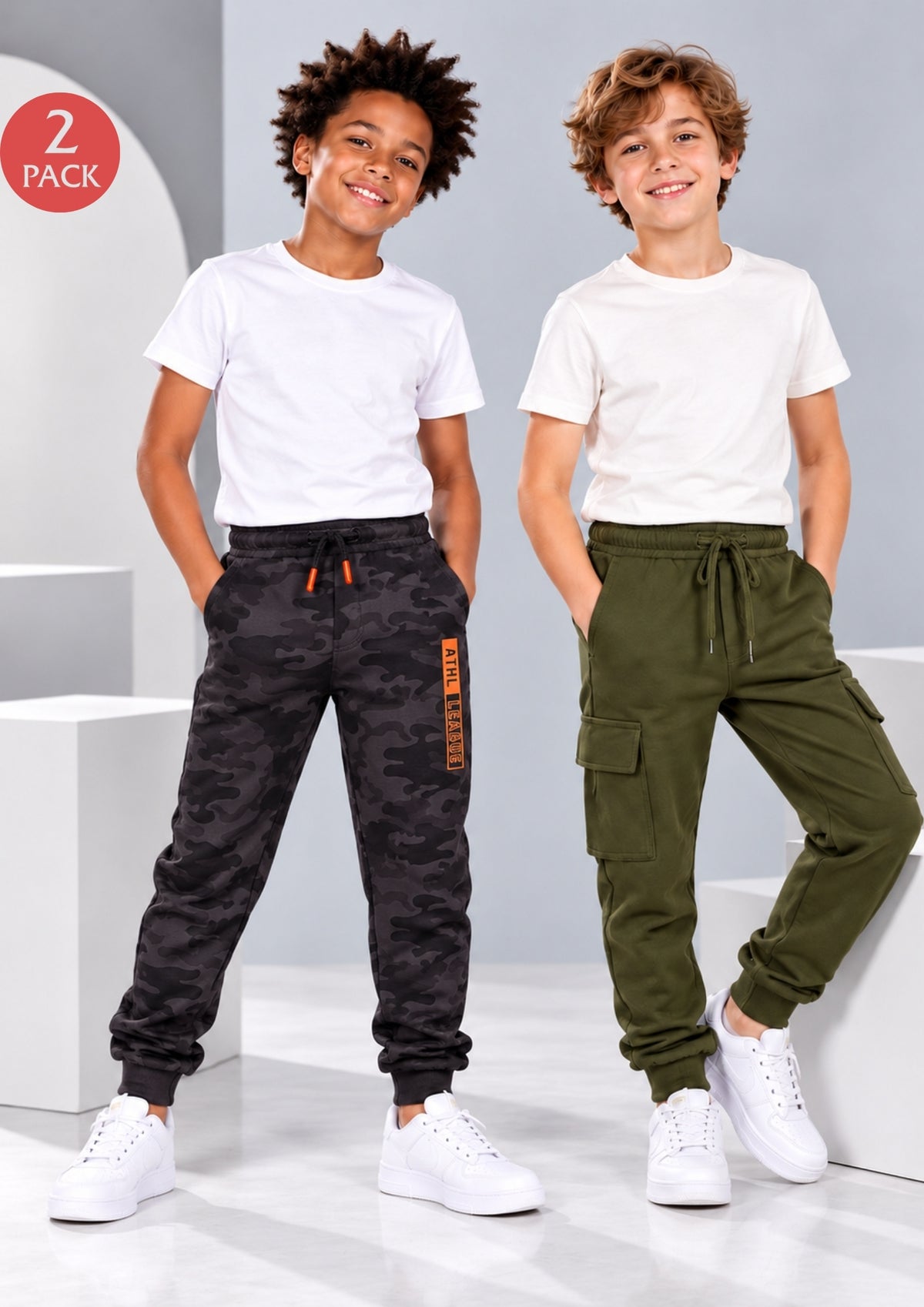 Camouflage & Cargo Boys Joggers – Cotton Terry Lounge Pant -2 Pcs, Grey & Olivegreen