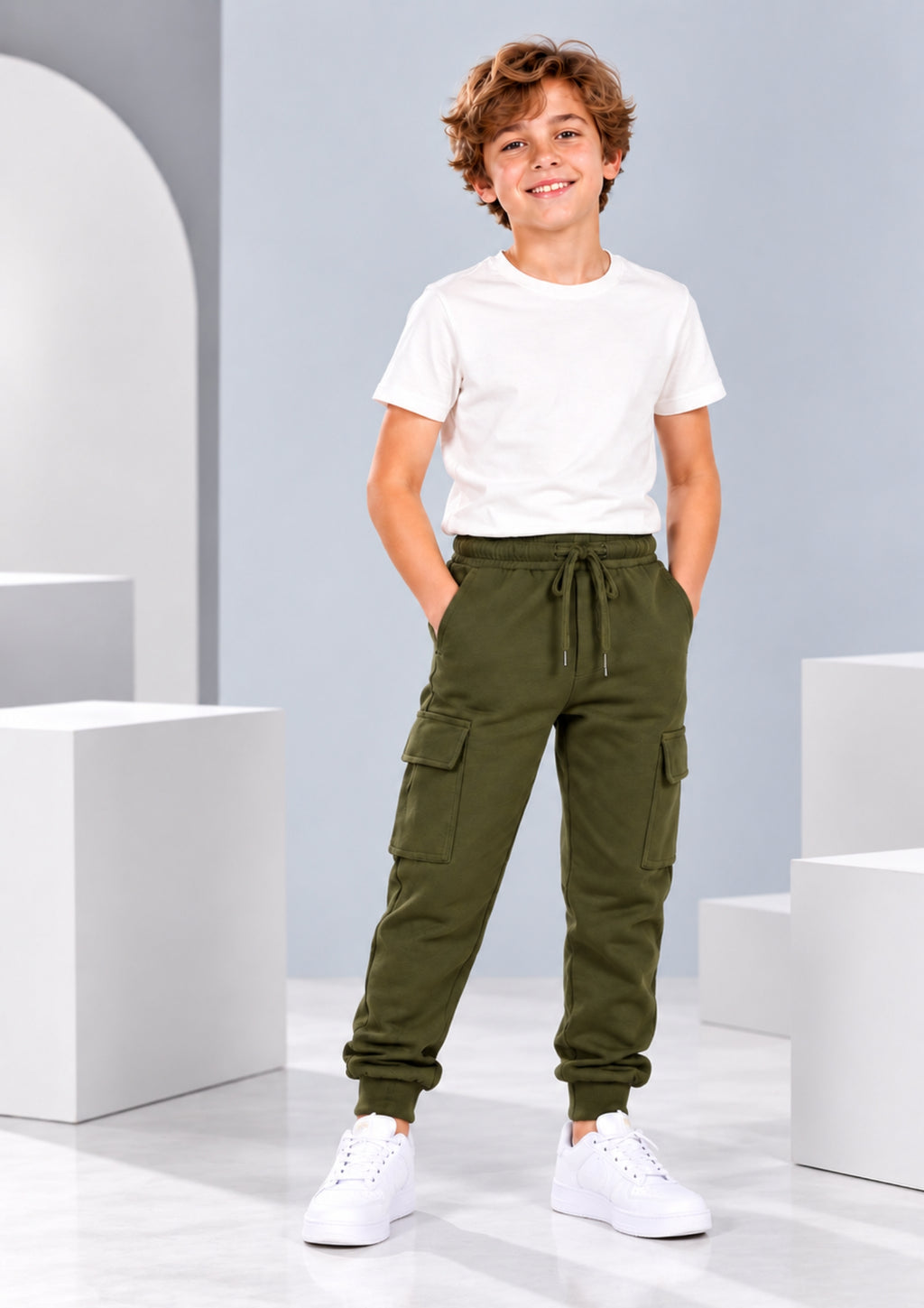 Camouflage & Cargo Boys Joggers – Cotton Terry Lounge Pant -2 Pcs, Grey & Olivegreen