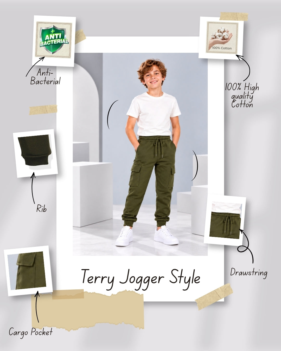 Camouflage & Cargo Boys Joggers – Cotton Terry Lounge Pant -2 Pcs, Grey & Olivegreen