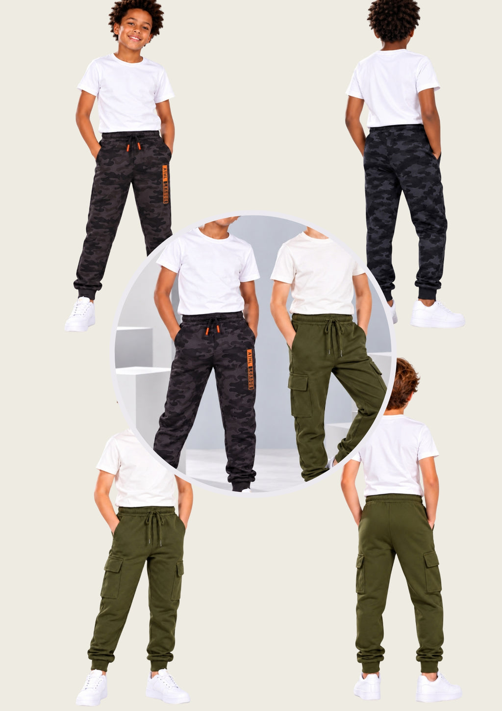 California & Brooklyn Print Boys Joggers – Cotton Terry -2 Pcs, Navy & Green