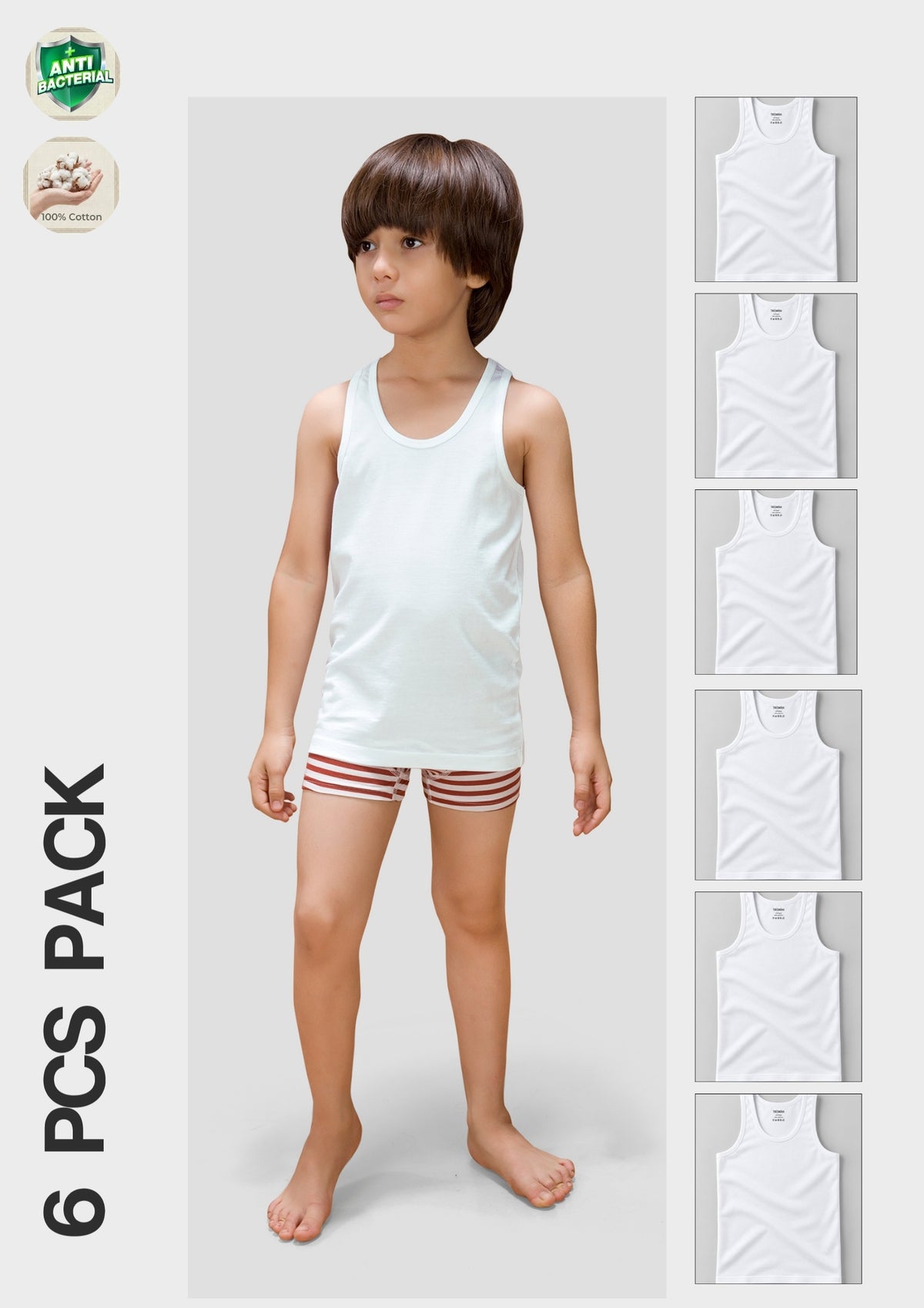 Premium White Boys Vests – Pack of 6 (Pure Hi-quality Cotton)