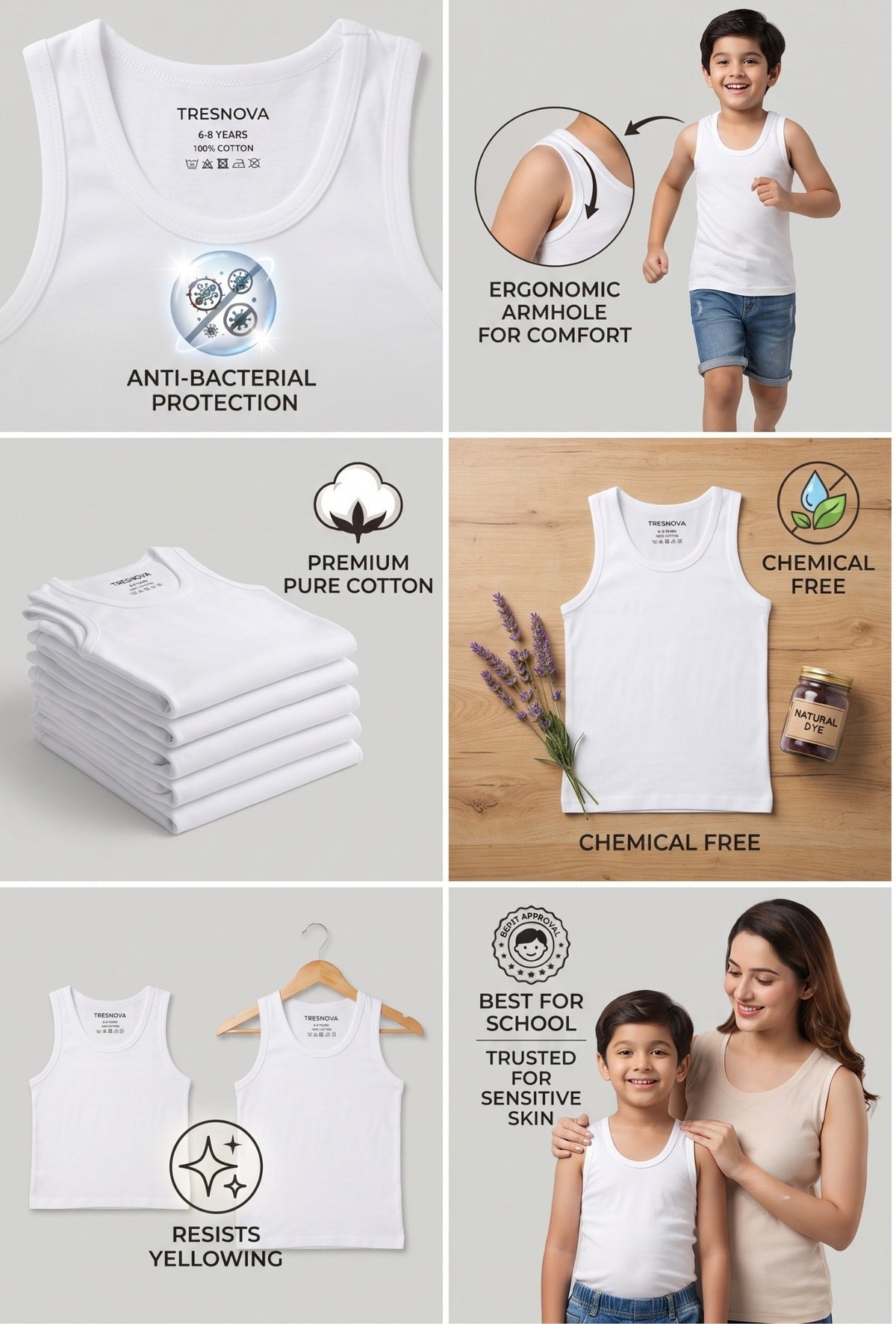 Premium White Boys Vests – Pack of 6 (Pure Hi-quality Cotton)